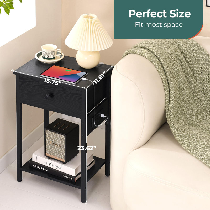 Mouzon Nightstand with Charging Station, Black