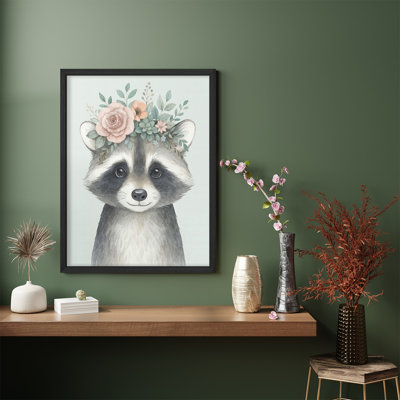 Floral Raccoon Framed Wall Art - Cute Watercolor Animal with Flower Crown Print for Nursery or Kids' Room Decor