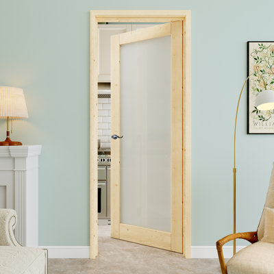 Porte intérieure pré-suspendue en bois de pin et verre givré 30 po x 80 po à 1 verre avec levier incurvé et charnières noires