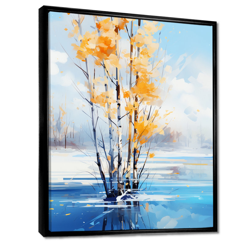 Bouleau blanc, feuilles jaunes et hiver, lac bleu - arbre, décoration murale, H 32 po x l 24 po x P 1 po