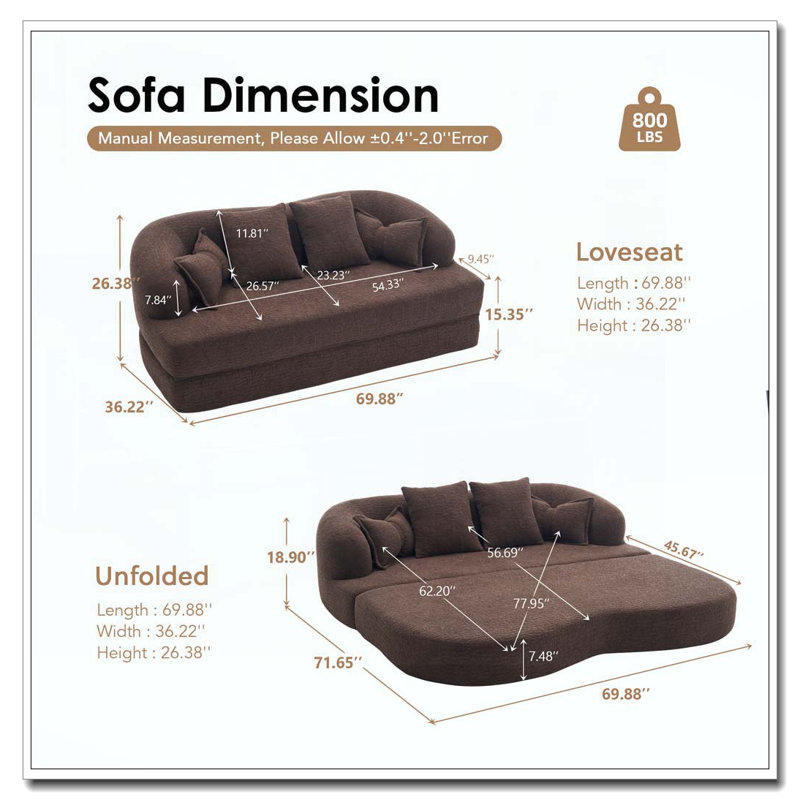 Canapé-lit pliant 70 po 2 en 1, Brown
