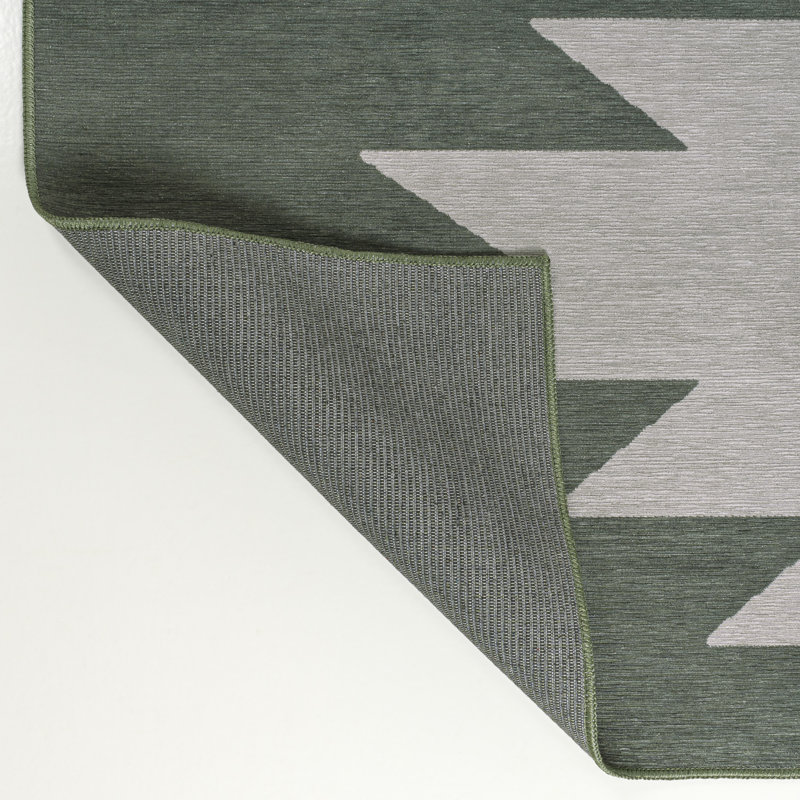 Tapis vert foncé / gris clair lavable à la machine à motif géométrique Katriel Minimalist, Rectangle 8 pi 10 po x 12 pi