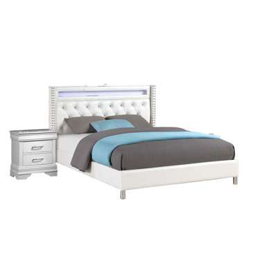 Modern Style Queen Size Bed LED Lights Charging Port Button Tufted Metal Legs White Finish Bedroom Furniture