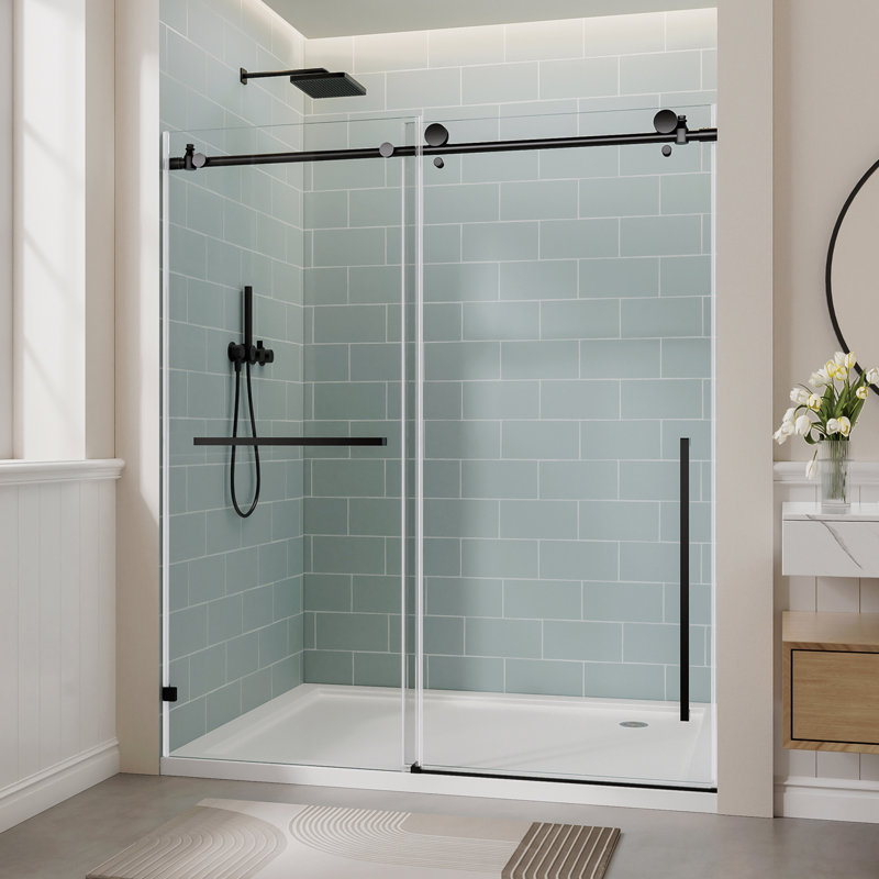 56"-60" W X 78" H Frameless Single Sliding Shower Door, Matte Black Bathtub Door, 3/8" (10Mm) Clear Tempered Glass With Explosion-Proof Film, Stainless Steel Handle