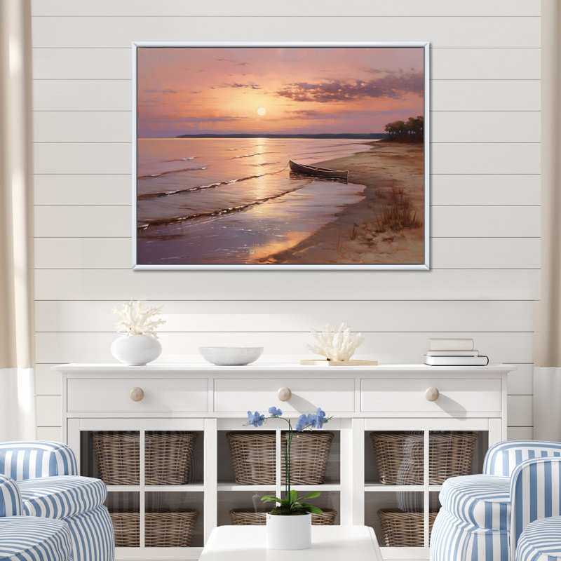 Ocean Serenity Gentle Pink Purple Beach Sunrise - Beach Wall Decor, H 16 po x l 32 po, Cadre flottant blanc