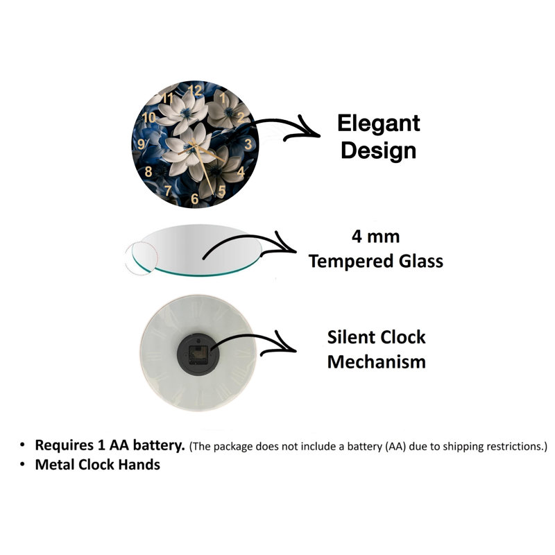 Horloge murale élégante en verre trempé à motif floral blanc et bleu, Noir