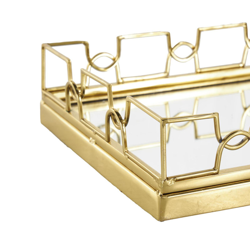 Stainless Steel Metal Geometric Decor Gold Tray with Wire Rod Frame and Mirrored Glass Interior Set