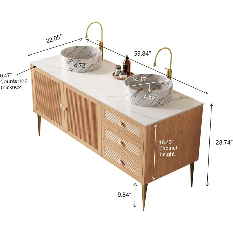 Meuble-lavabo 60 po avec 2 lavabos en céramique, 3 tiroirs et 2 portes, 5 pieds en métal, pré-assemblé