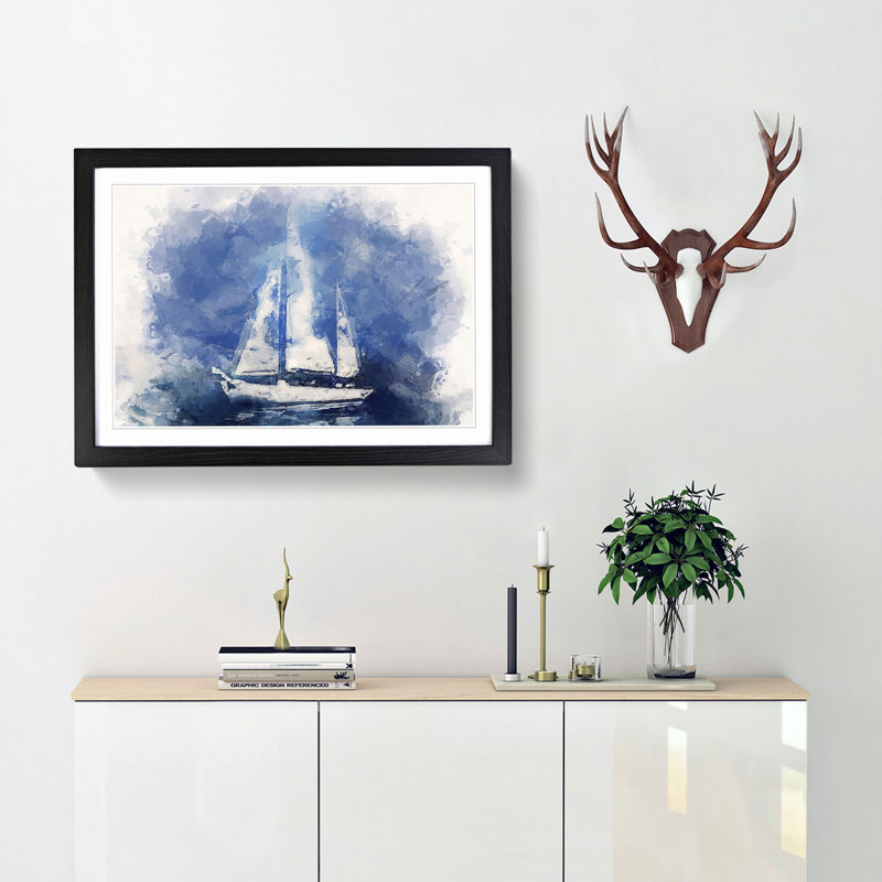 White Sailboat Paint Strokes in Abstract - Framed Print, Black, 50cm H x 76cm W x 2cm D