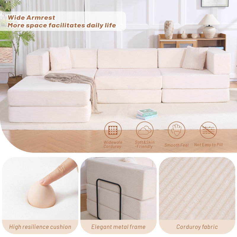 Canapé modulaire de 118 pouces avec structure de forme fixe et coussins, Tissu beige, Beige