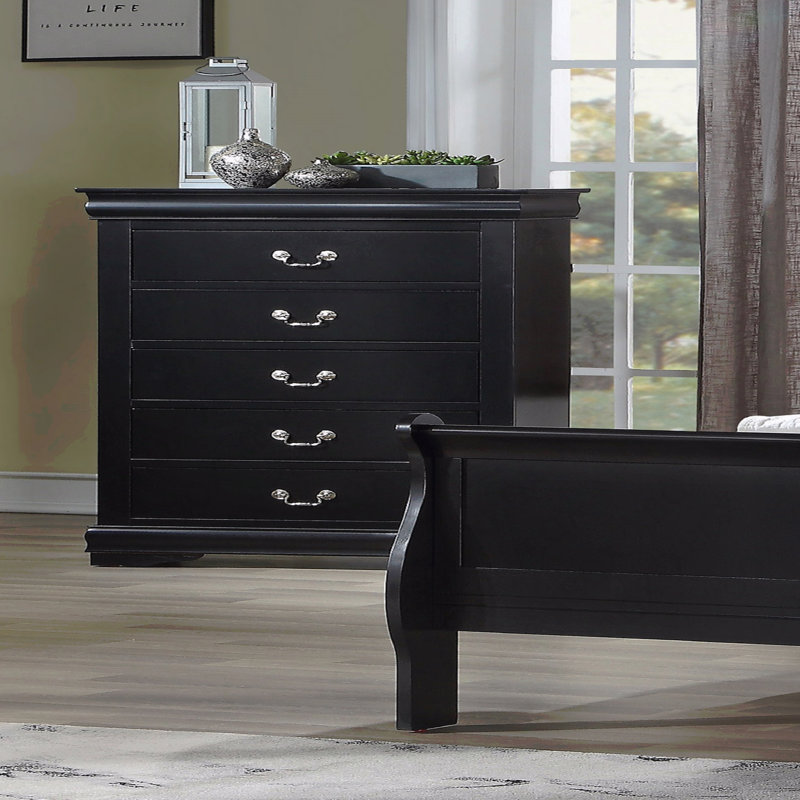 1Pc Black Finish Five Drawers Louis Philip Chest Solid Wooden Contemporary Sleek Ample Storage, Black