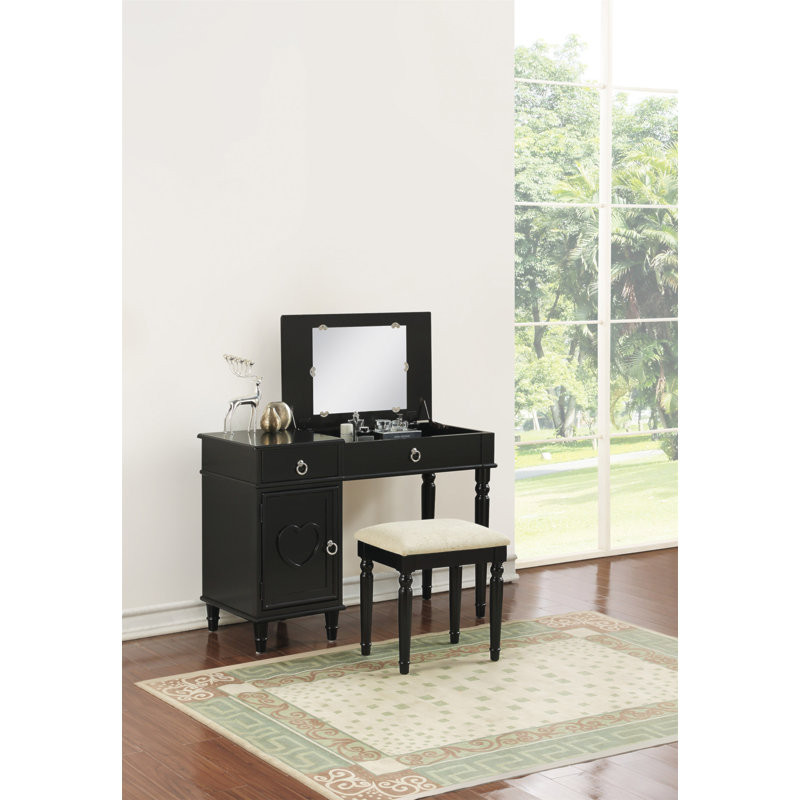 Ensemble de meuble-lavabo de chambre à coucher avec tabouret et tiroirs ouverts, Noir