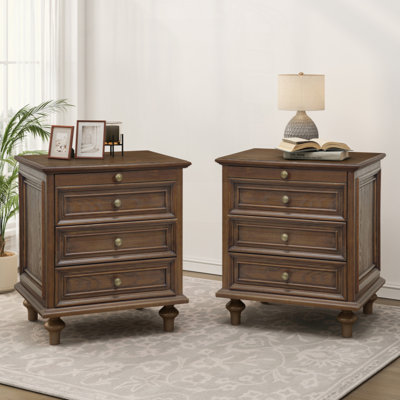 Farmhouse Nightstands Set of 2 with 4 Drawer, Wood Storage End Table with Hidden Pull-Out Shelf, Large Side Table with 4 Solid Wood Feet and Metal Handle,Easy Assembly, Walnut Brown