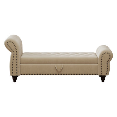Modern Bedroom Storage Chaise Lounge - Beige Velvet Bed Bench With For