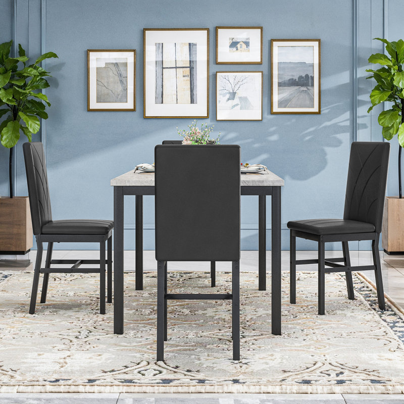 5 Piece Dining Table Set For 4, Rectangle Faux Marble Dinette Set With 4 Upholstered Chairs For Kitchen, Breakfast Nook, Small Space