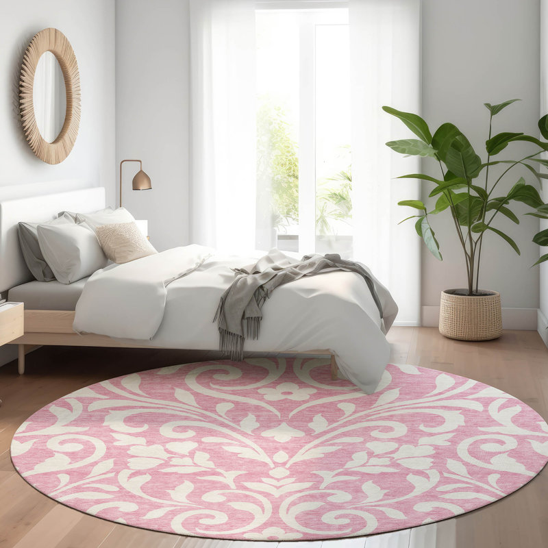 Premium Machine Washable Prisco Pink Rug, Round 8'