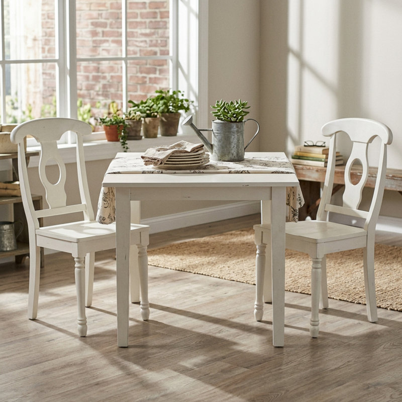 Ensemble de salle à manger rectangulaire 3 pièces en hévéa blanc lin avec rallonge papillon et 2 chaises de salle à manger à dossier Napoléon pour petits espaces