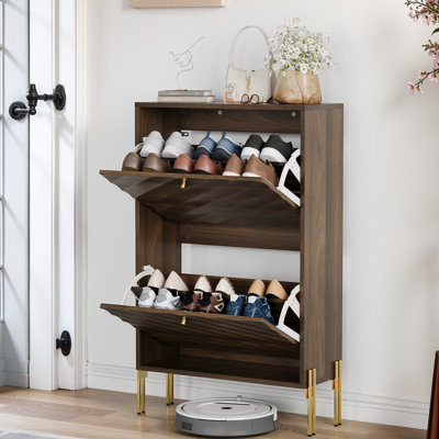 23.6 Inch Walnut Mid - Century Modern Freestanding Shoe Cabinet With Open Rack, Gold And Adjustable Drawer Partitions , Tipping Device Rack