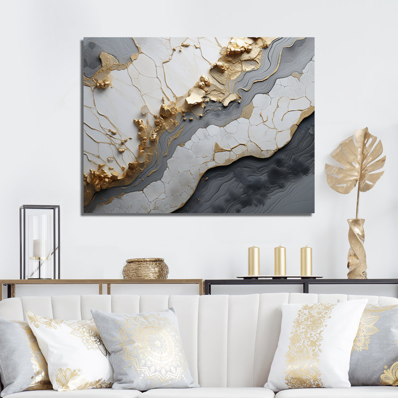 Minimalisme, or blanc et poteries abstraites - art mural spirales, Toile tendue, H 34 po x l 44 po x P 1,5 po