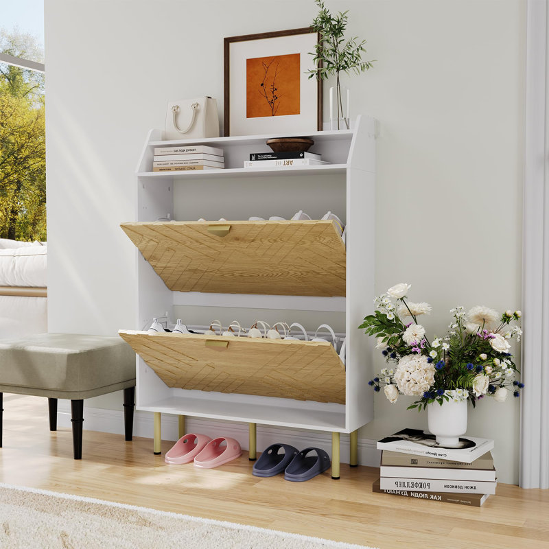 Slim Shoe Cabinet with 2 Flip Drawers, Hidden Entryway Shoe Storage Organizer with Adjustable Shelves