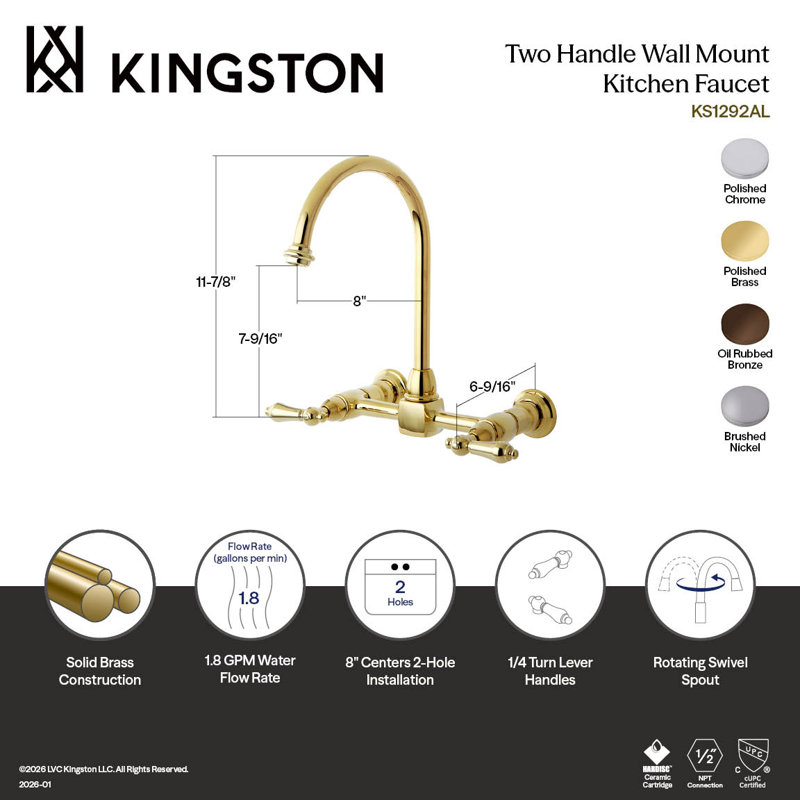 Kingston Brass Restoration Double-Handle 2-Hole Wall-Mount Bridge Kitchen Faucet, Polished Chrome