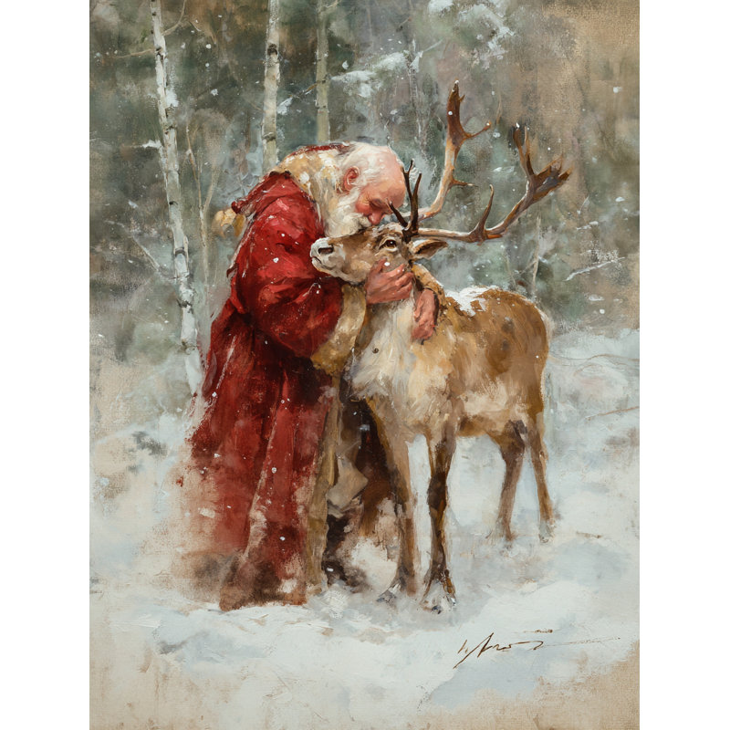 «Santa Gentle Moment with Reindeer», art mural sur toile tendue, H 24 po x l 16 po
