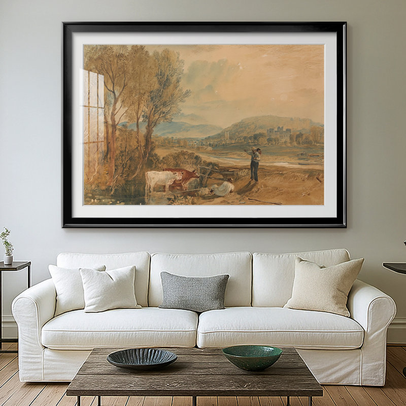 Paysage fluvial avec un château et des personnages-J.M.W. Turner, reproduction encadrée avec passe-partout et verre début du 19e siècle