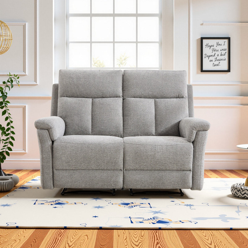 57.5" Wide Modern Chenille Upholstered Manual Reclining Loveseat Sofa, Light Gray