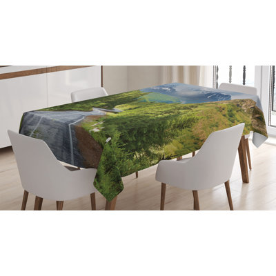 Ambesonne Woodland Tablecloth, Mountain Landscape Road Cloudy Sky Pine Trees Forest Summer Rainy Day Scene, Rectangular Table Cover For Dining Room Kitchen Decor, 52" X 70", Green Grey Brown