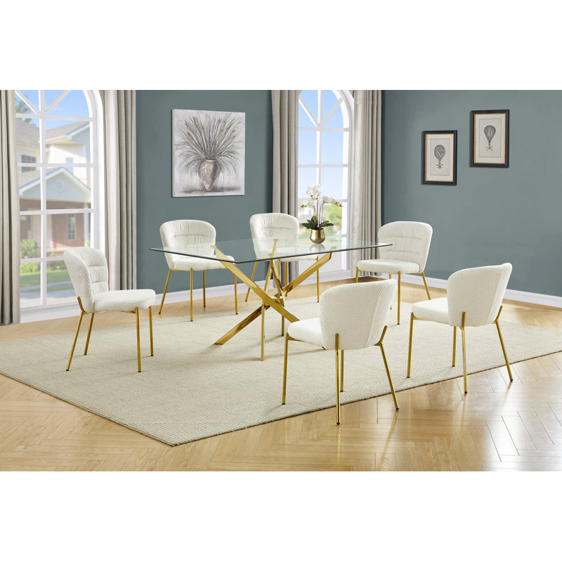 Ensemble de salle à manger rectangulaire en verre trempé avec chaises confortables, Crème, crème