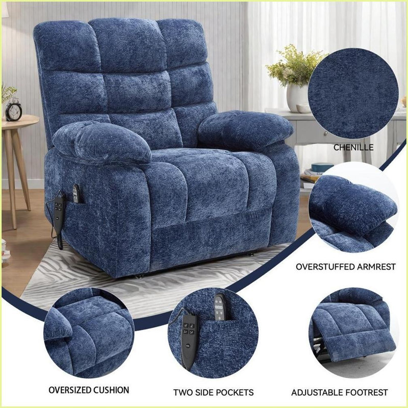 Recliners, Oversized Power Lift Chair with Dual Motor, Heat Massage, 350 LBS Capacity | Blue | Chenille, Blue