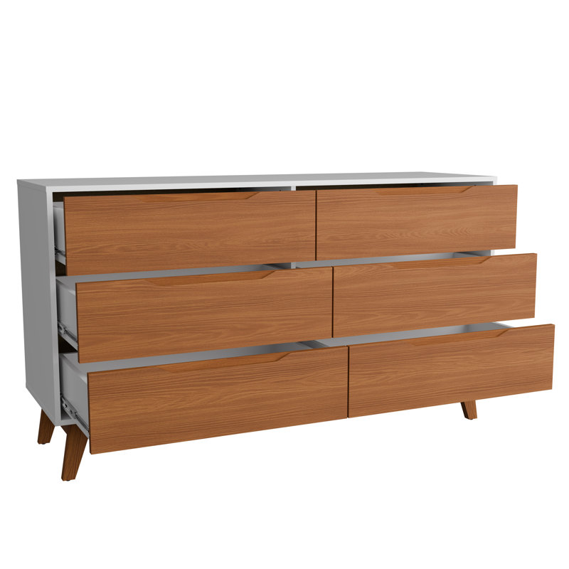 Commode 6 tiroirs Rio avec poignées intégrées et base en bois, Blanc / Brun