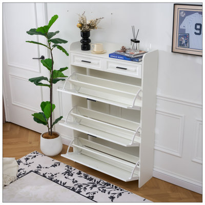 Two Drawers, Three-Fold Doors, Large Storage Shoe Cabinet, White