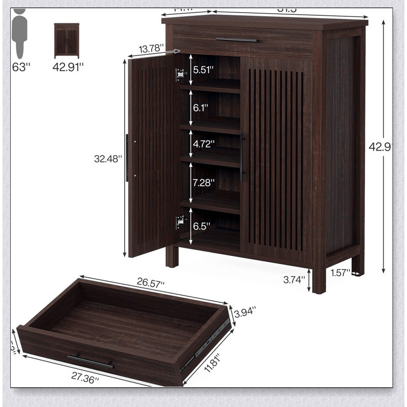 Armoire à chaussures autoportante de style rétro avec portes à persiennes et beaucoup de rangement, parfaite pour organiser et exposer vos chaussures.