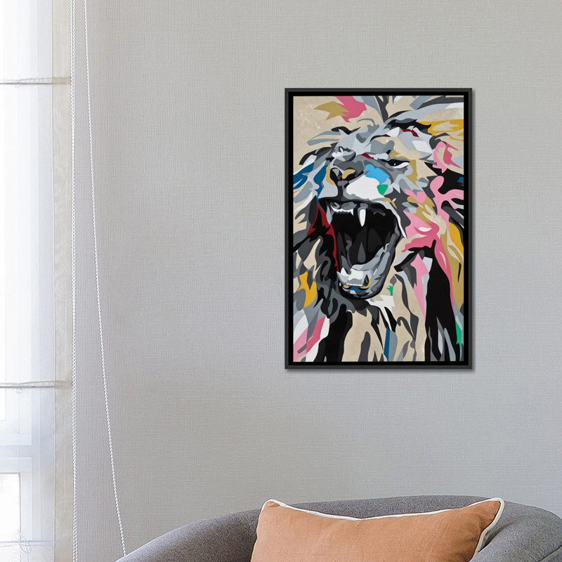 « rugissant lion », impression sur toile, H 26 po x l 18 po x P 1,5 po, Toile avec cadre noir, Pas de tapis