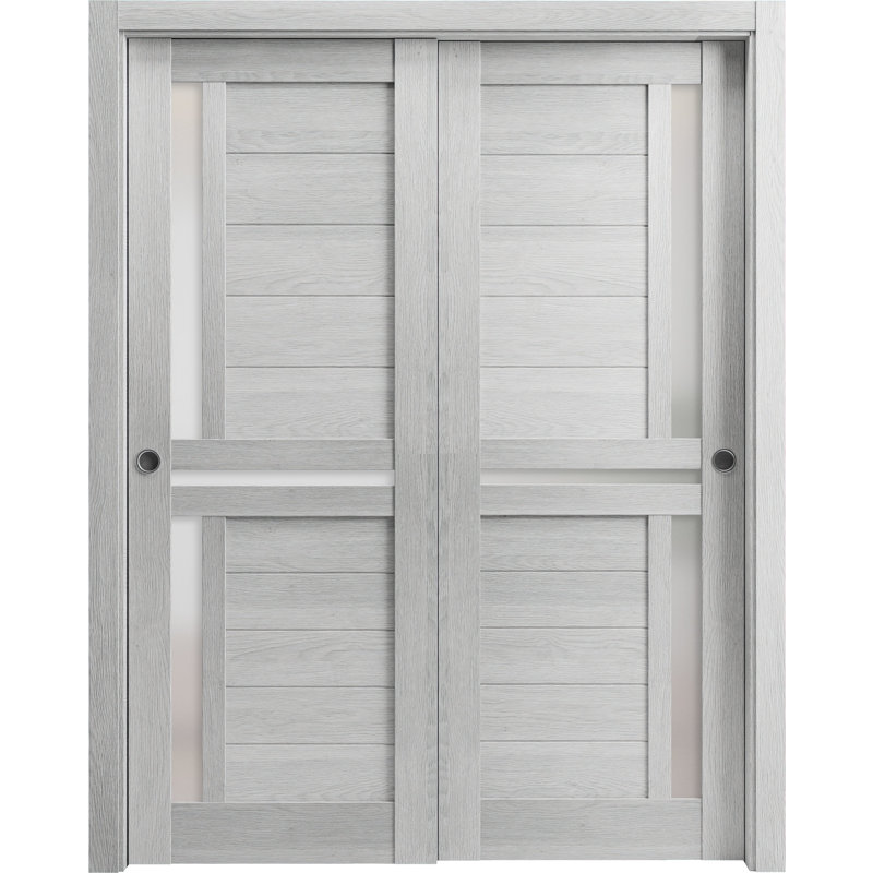 Portes coulissantes de placard avec verre dépoli Veregio 7288 Chêne gris pâle, rails robustes, moulures, garnitures, quincaillerie, ensemble de quincaillerie, portes de placard de chambre en bois massif - 64" x 80" (2 x 32 x 80)