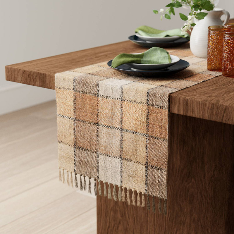 Natural Checkered Cotton Table Runner with Fringe, 16" x 72"