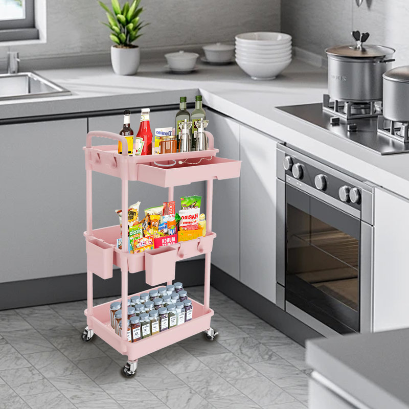 3 Tier Rolling Utility Cart With Drawer,Storage Cart,Rolling Cart Storage Organizer With Iron Wheels,Grey, Pink