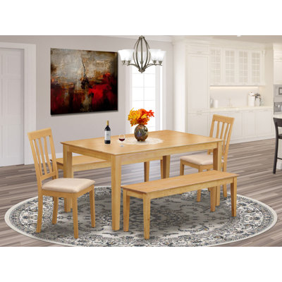 Ensemble de table de salle à manger moderne 5 pièces comprenant une table de cuisine rectangulaire et 2 chaises en tissu de lin avec 2 bancs, chêne