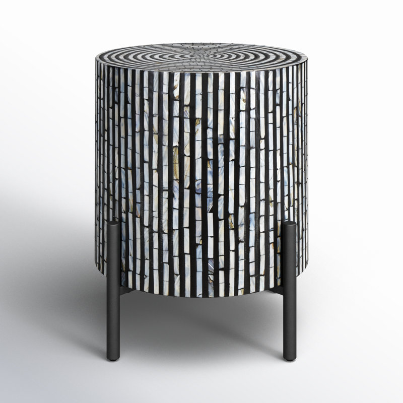 Alicia Multi Colored Mother of Pearl Shell Geometric Handmade Mosaic Inlay Side End Accent Table with Black Metal Legs, Black