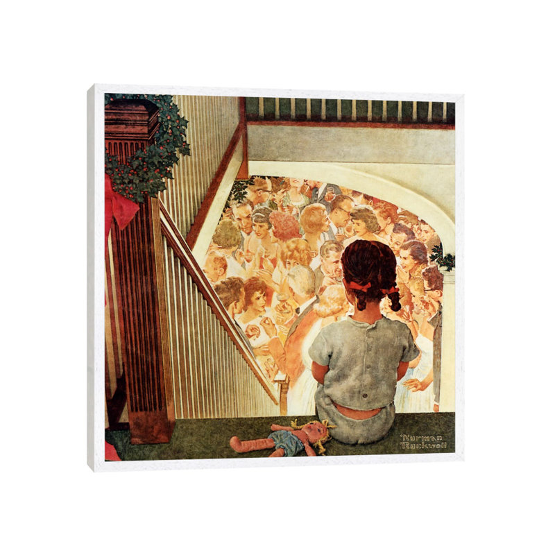 Little Girl Looking Downstairs At Christmas Party by Norman Rockwell - Floater Frame Painting on Canvas, White