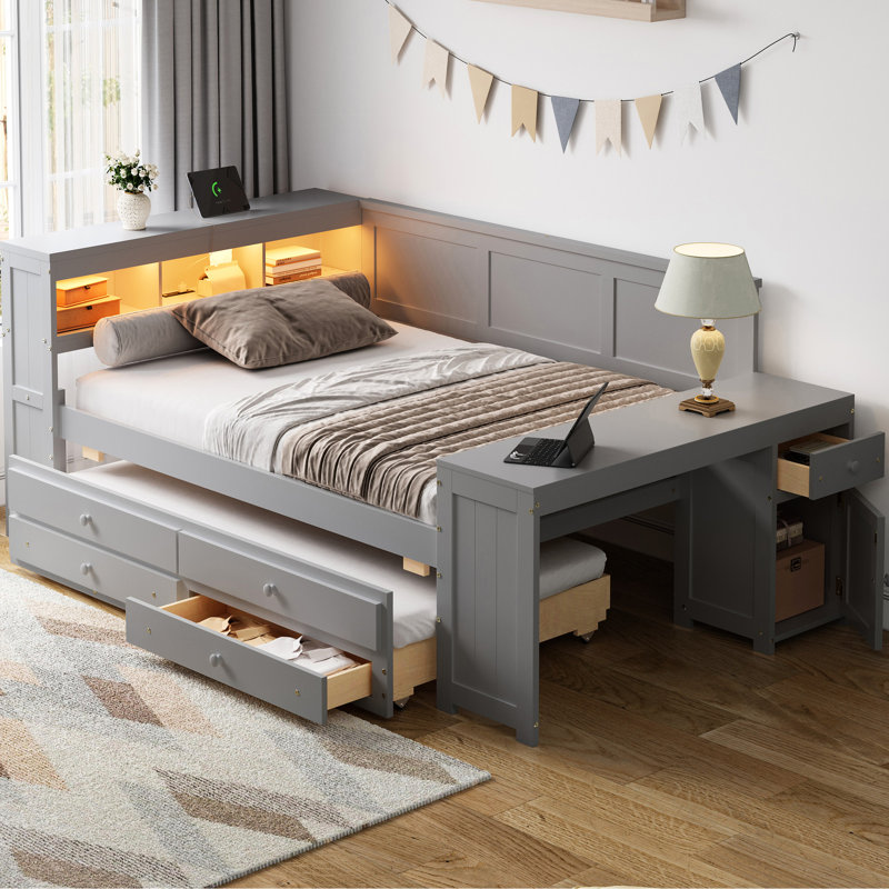 Lit de jour gris avec rangement, tiroirs et bureau intégré en bois de pin massif + pour une chambre à coucher fonctionnelle