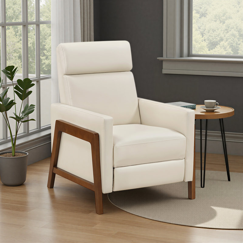 Renly 29" Mid-Century Modern Faux Leather Push Back Reclining Chair with Dark Brown Wood Frame & Metal Reinforced Seat