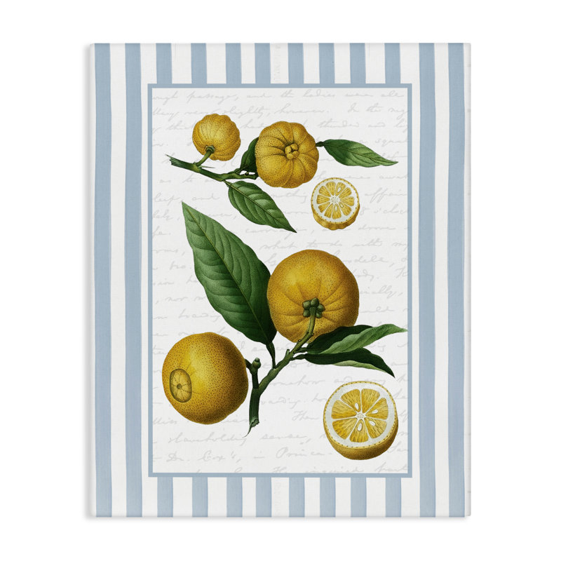 Toile rétro à rayures bleues et citrons, signée lettrée et doublée, H 20 po x l 16 po