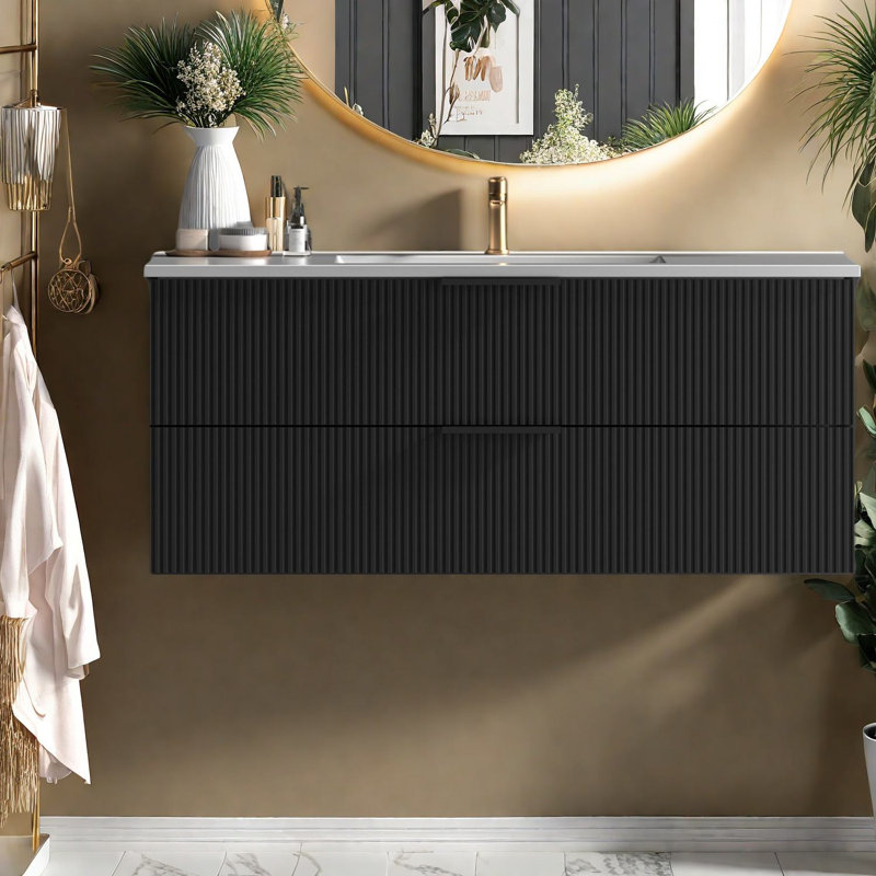 Meuble-lavabo mural moderne noir avec lavabo en céramique, rangement spacieux