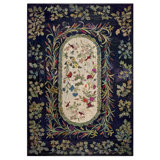 Blue Early 20th Century Antique Room Size Floral Inlay Pattern American Folk Art Hooked Rug