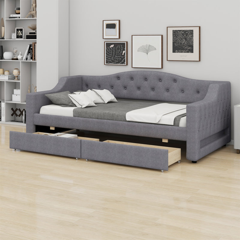 Upholstered Daybed With LED Belt And 2 Drawers, Gray