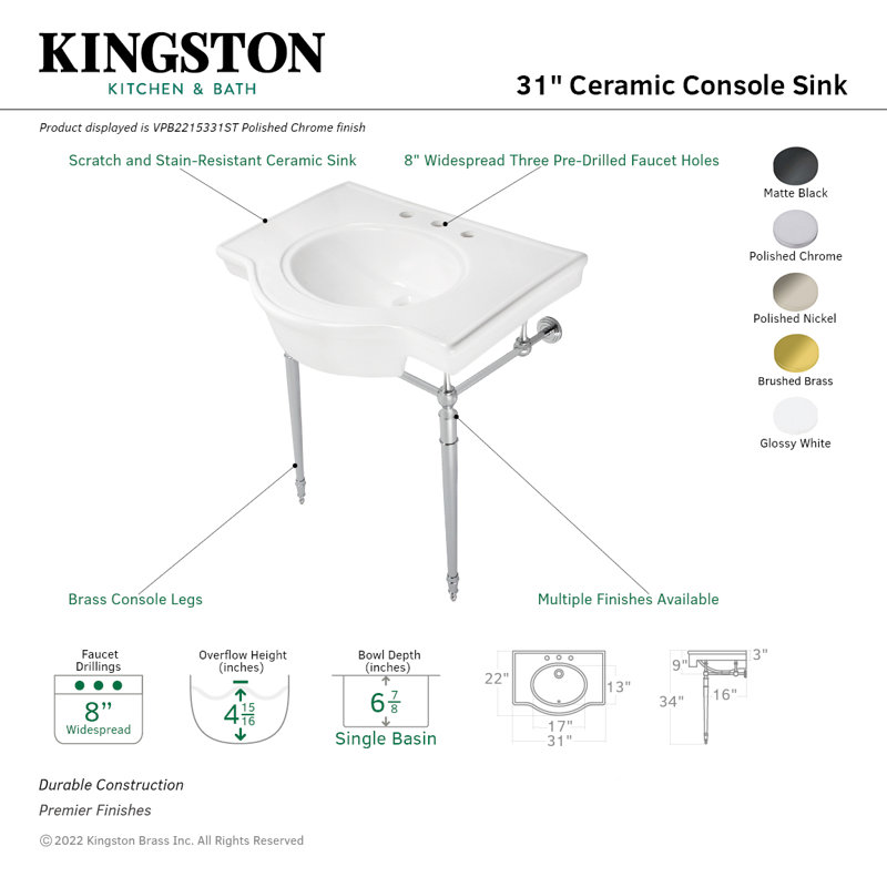 Edwardian Porcelain Square Console Bathroom Sink with Overflow, Brushed Brass