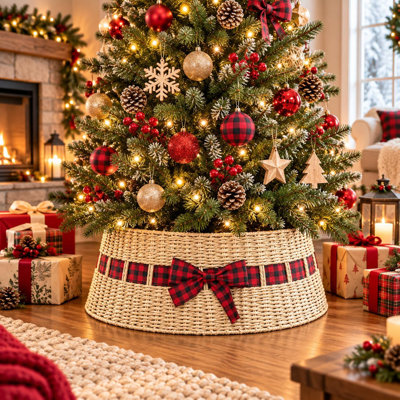 Woven Rattan Christmas Tree Collar with Buffalo Plaid Bow | Rustic Farmhouse Tree Stand Cover & Holiday Decor