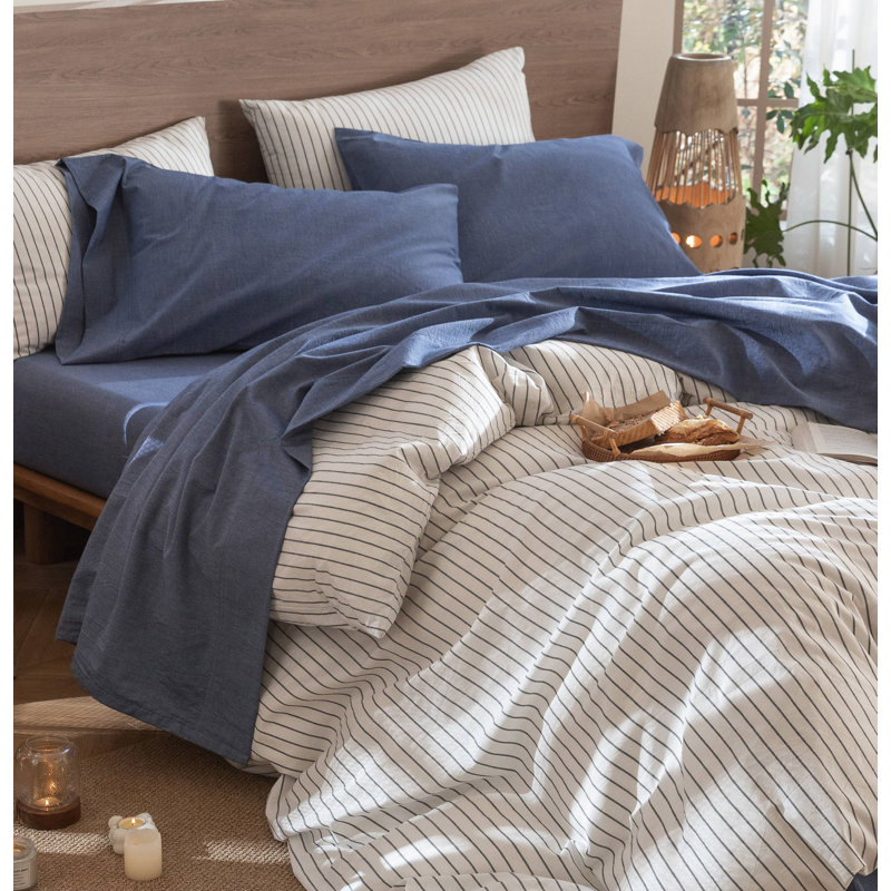 Ensemble de draps MooMee, Ensemble de draps pour grand lit avec 2 taies d'or, Bleu denim